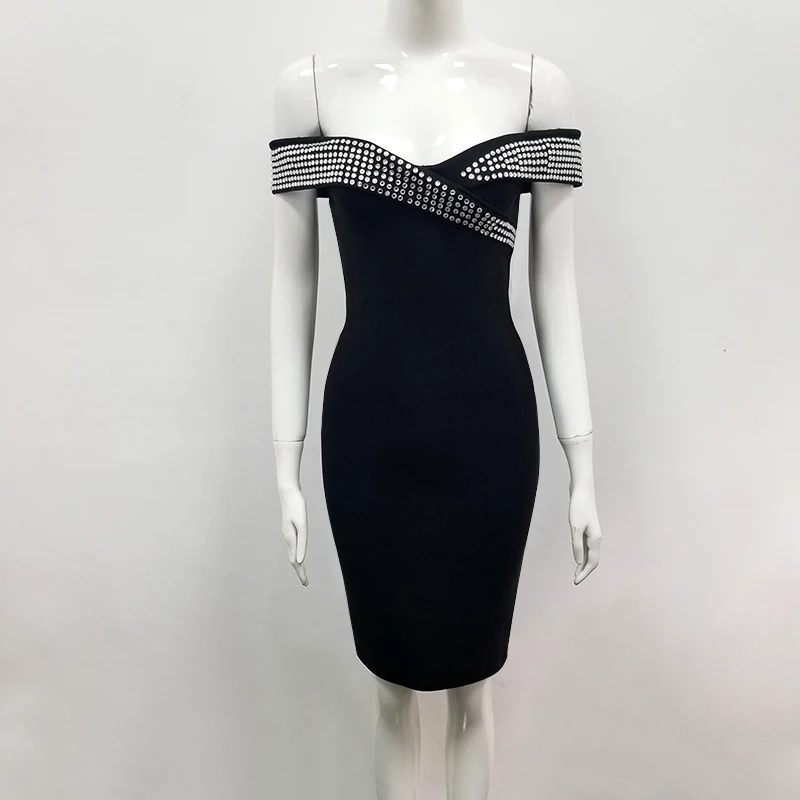 Top Quality Sexy Off Shoulder Black Rhinestone Bandage Dress 2018 Designer Fashion Vestido | Женская одежда