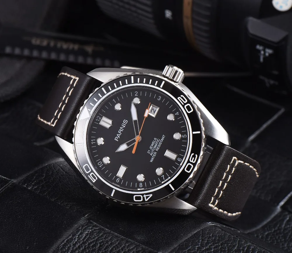 US $135.00 45mm Parnis Waterproof Diver Automatic Watch Mechanical Watches Ceramic Rotatig Bezel 5ATM Sapphire Wrist Watch Men Gift PA6032
