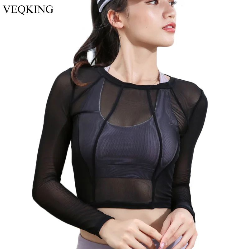 

VEQKING New Long Sleeve Mesh Yoga Shirts Women Workout Gym Crop Tops Running Sport T-Shirts Quick Dry Fitness Tight Top