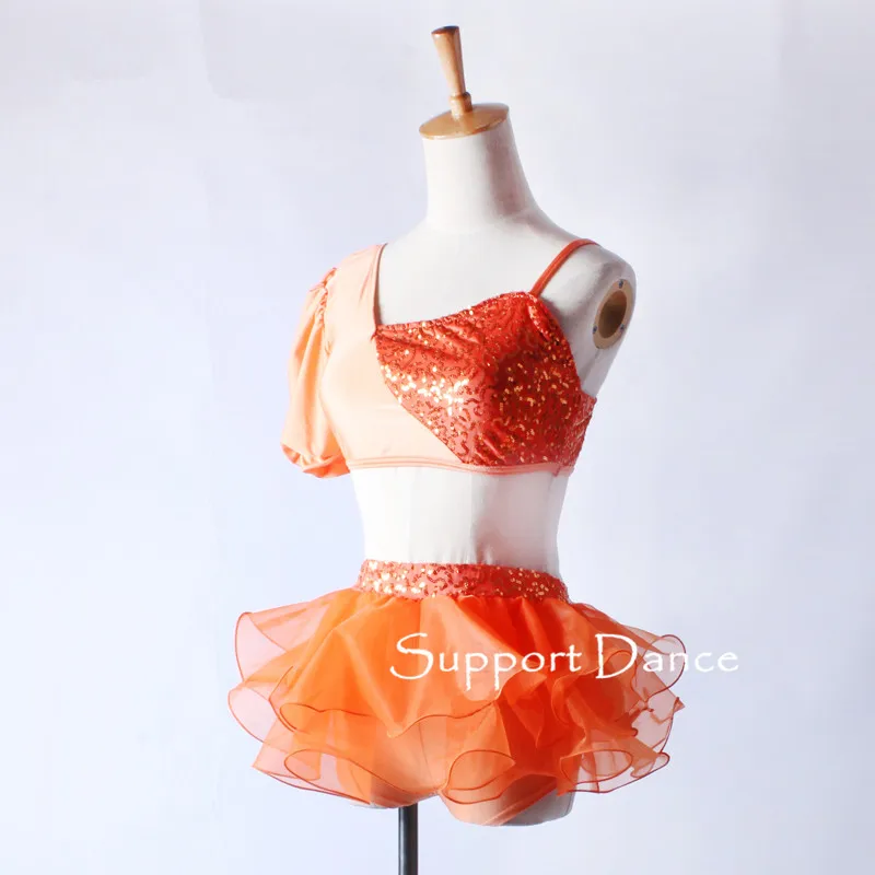 Girls 2-Piece Irregular Sequin Tutu Ballet Dress Children Adult Orange Professional Dance Costume C342