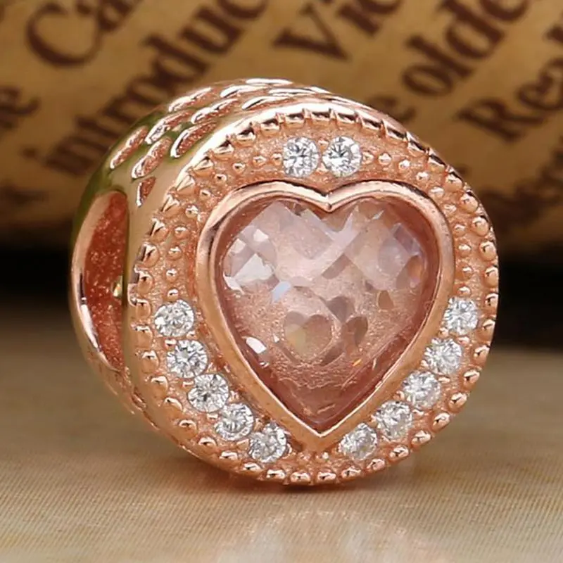

New 925 Sterling Silver Bead Charm Rose Gold Openwork Radiant Hearts With Crystal Beads Fit Pandora Bracelet Bangle Diy Jewelry