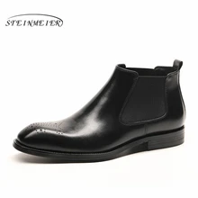 Men winter Boots Genuine cow leather chelsea boots brogue casual ankle flat shoes Comfortable quality soft brown black 2019