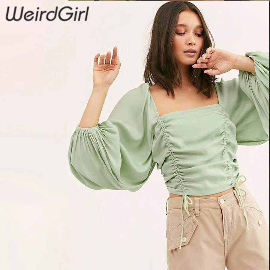 Weirdgirl, женская модная футболка, облегающие зеленые кроп-топы, квадратный вырез, длинный рукав, женские футболки, летняя уличная одежда, на выход, элегантные