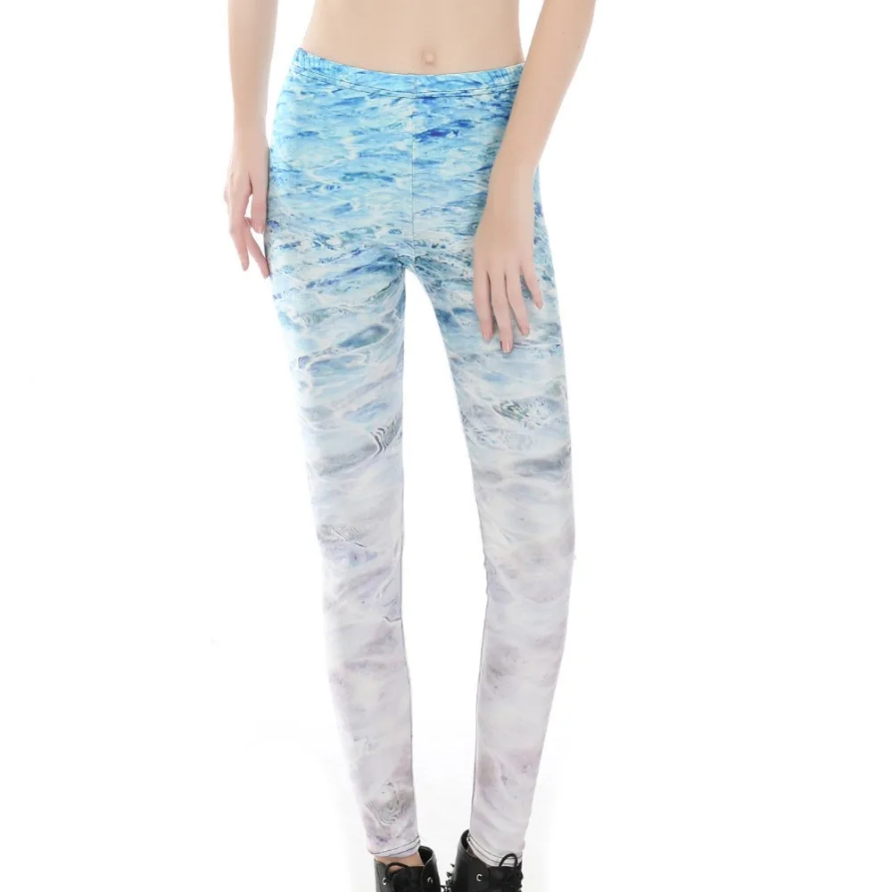 Light Blue Sea Wave Print Women Leggings Slim Fit Thin Elastic
