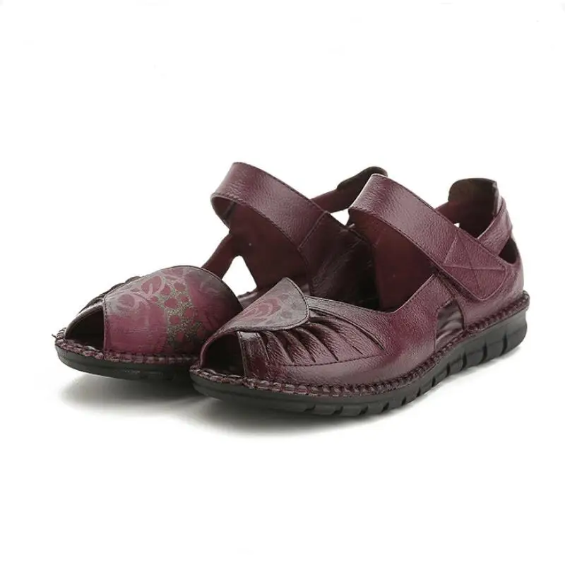 

2019 Soft Printing Cow Leather Shoes Fashion Sandals Breathable Comfortable Women Sandals Flat Shoes Fish Head Summer Sandals