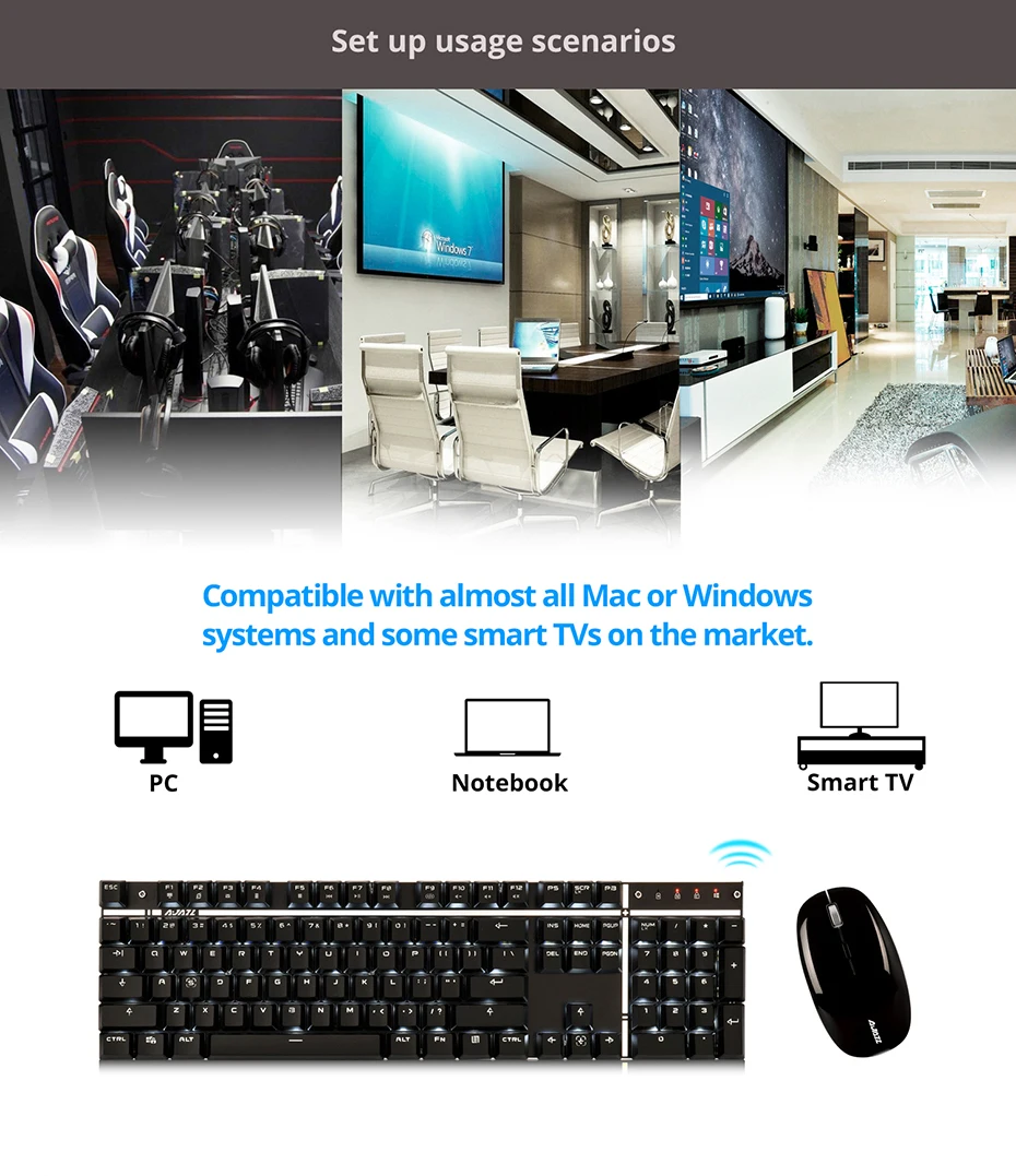 Ajazz A3008 2.4G Wireless Mechanical Keyboard & Mouse Combos White Backlit Blue Switches Keyboard 1600DPI Mouse  (3)