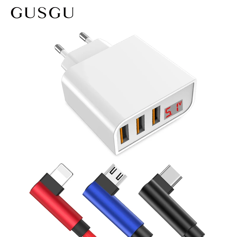 

GUSGU EU Plug 3 Ports Desktop USB Charger LED Display Wall Power Adapter For iPhone iPad For Samsung S9 With USB Cable