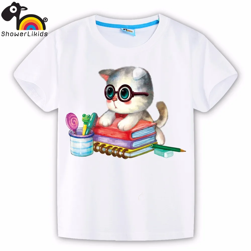 Хлопковые детские футболки с короткими рукавами милая Одежда для мальчиков и девочек с героями мультфильмов теплая одежда с изображением кота