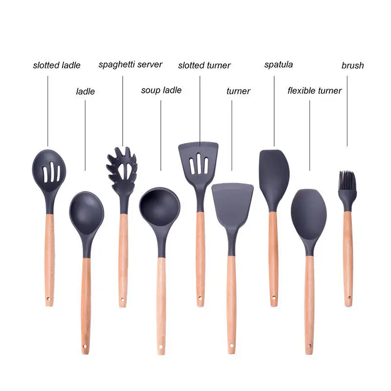 Silicone Kitchen Utensils Gadgets Wood handle Cooking Tools Kitchenware Set Spatula Shovel Spoon Home Kitchen Tools