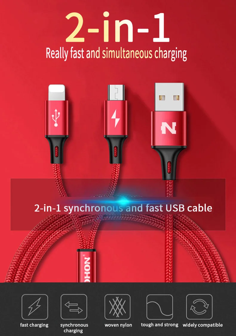 NOHON 2 в 1 USB кабель для iPhone 8X7 6 6S Plus 5 5S iPad iPod 8pin Micro USB кабель для быстрой зарядки нейлоновый провод