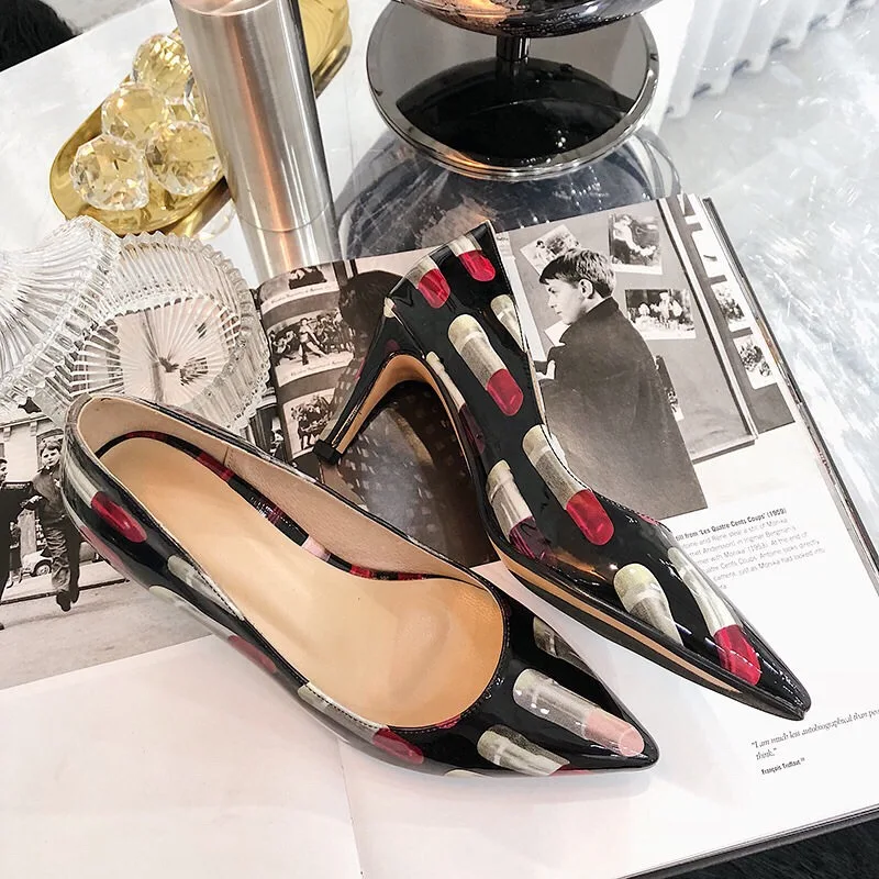 women female ladies lipstick printed genuine leather high heel shoes pumps slip on shoes