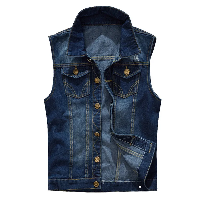 

SFIT 2019 Mens Sleeveless Lapel Denim Vest Jacket Casual Coat Male Teen Vintage Slim Lapel Hole Cardigan Waistcoat Plus Size