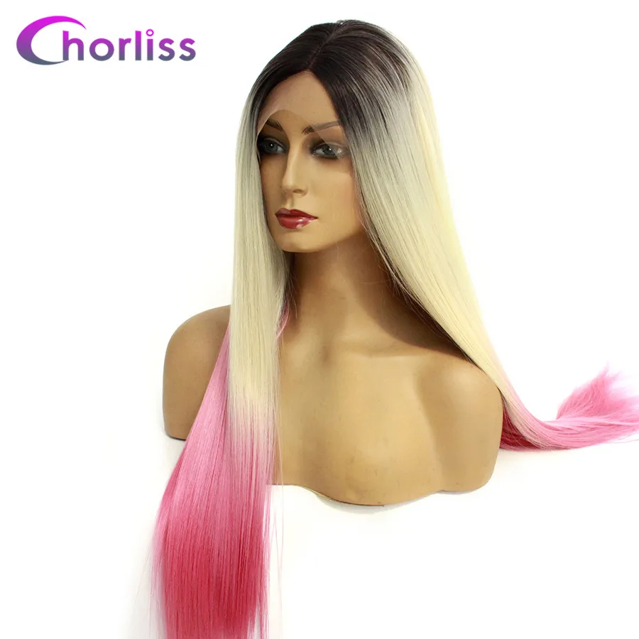 

Long Straight Lace Front Wig Synthetic Middle Part Dark Root Wigs Women Wigs Ombre 613 Black Purple Golden Blonde Cosplay Wig