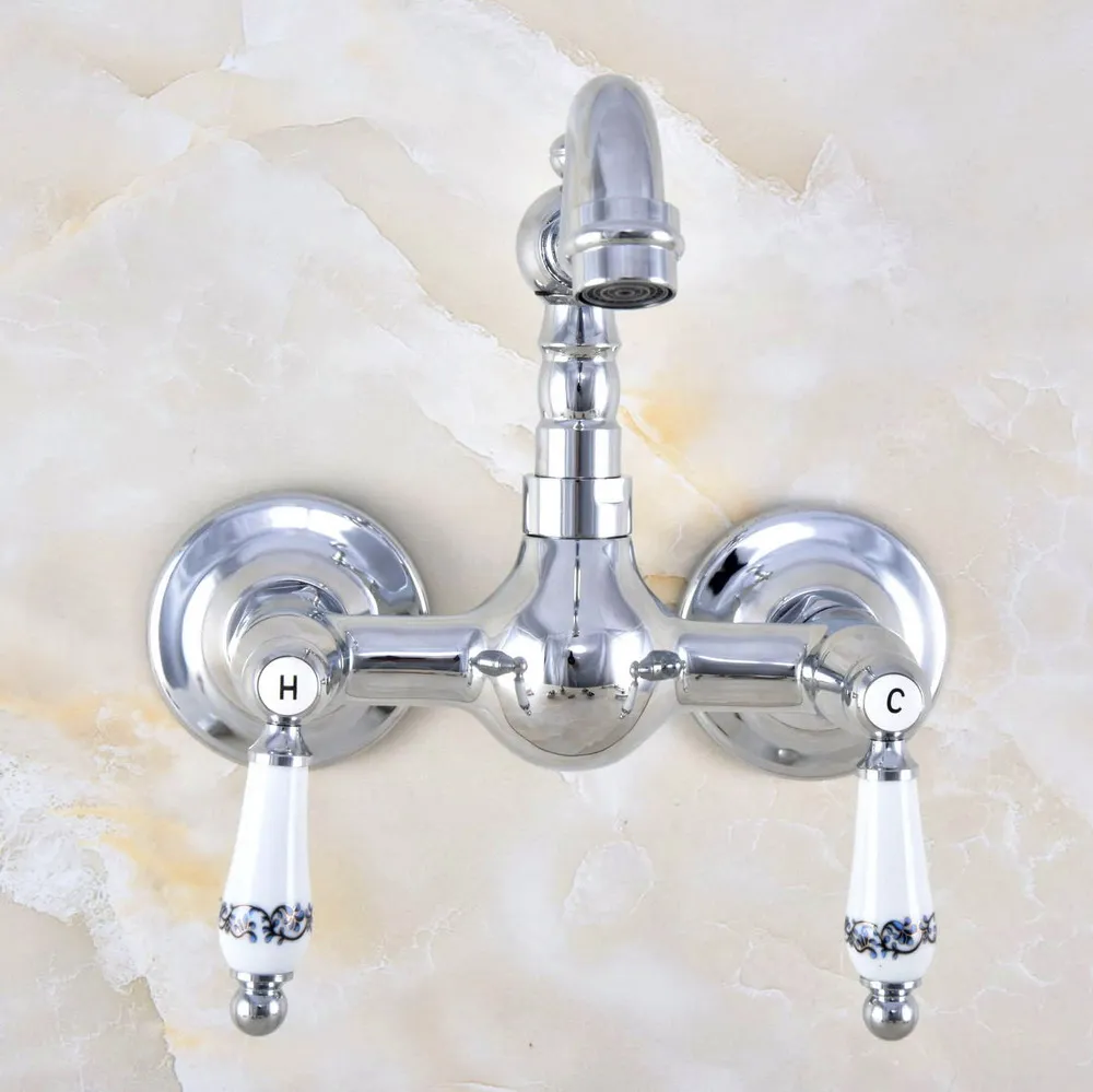 Polished Chrome Brass Wall Mount Kitchen Sink Faucet Swivel Spout Mixer Tap Dual Ceramics Handles Levers anf571
