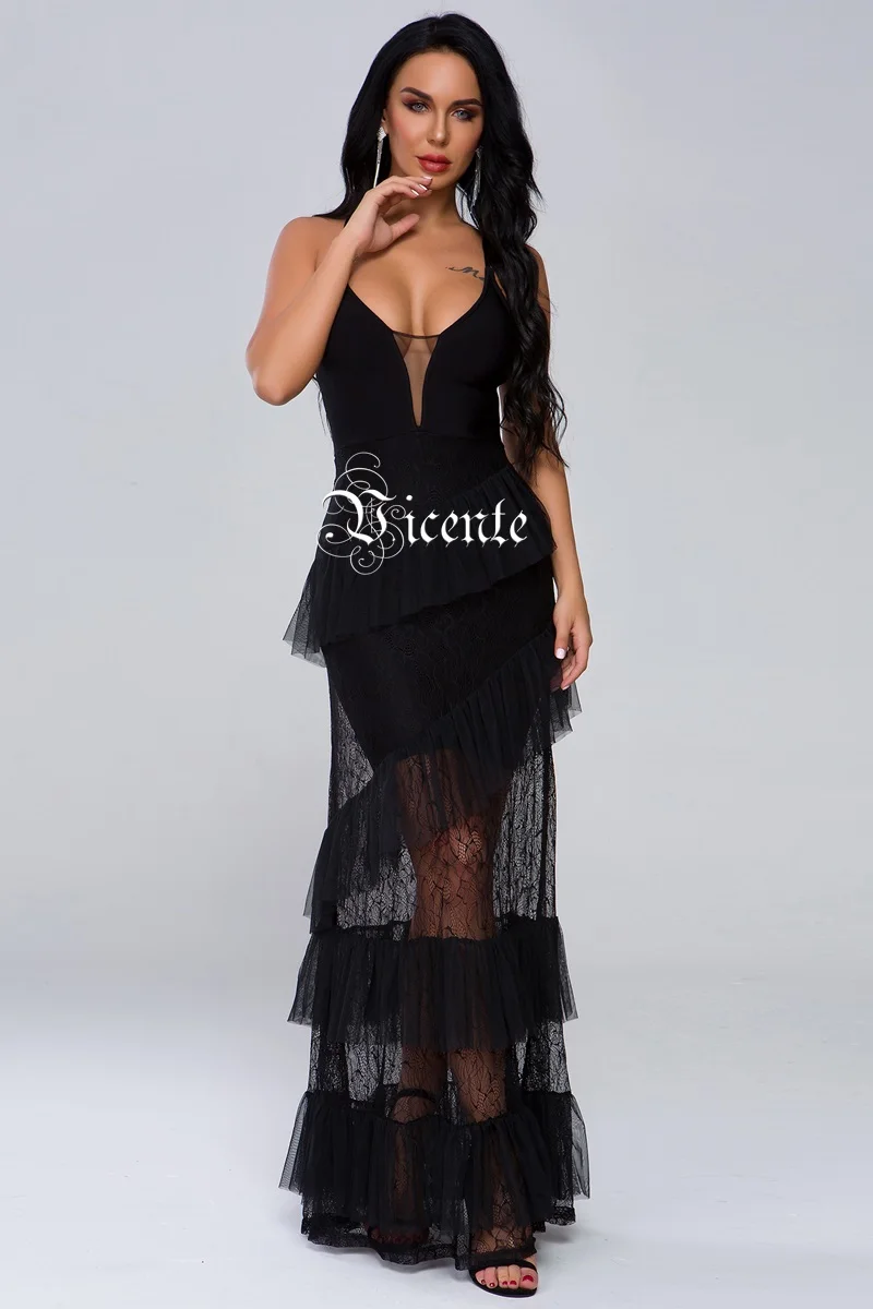VC Hot New Chic Lace Patchwork Cascading Ruffles Design Sexy Spaghetti Strap V Neck Celebrity Party Bandage Long Dress