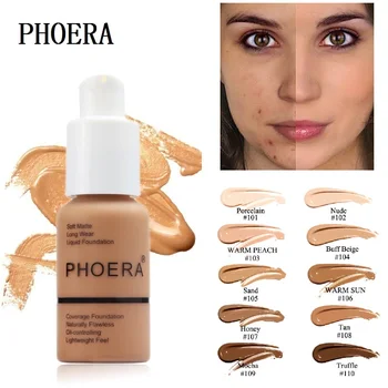 

PHOERA Foundation Makeup 10 Colors Liquid Matte Moisturizer Face Base High Coverage Brighten Concealer Cream Fond De Teint TSLM1