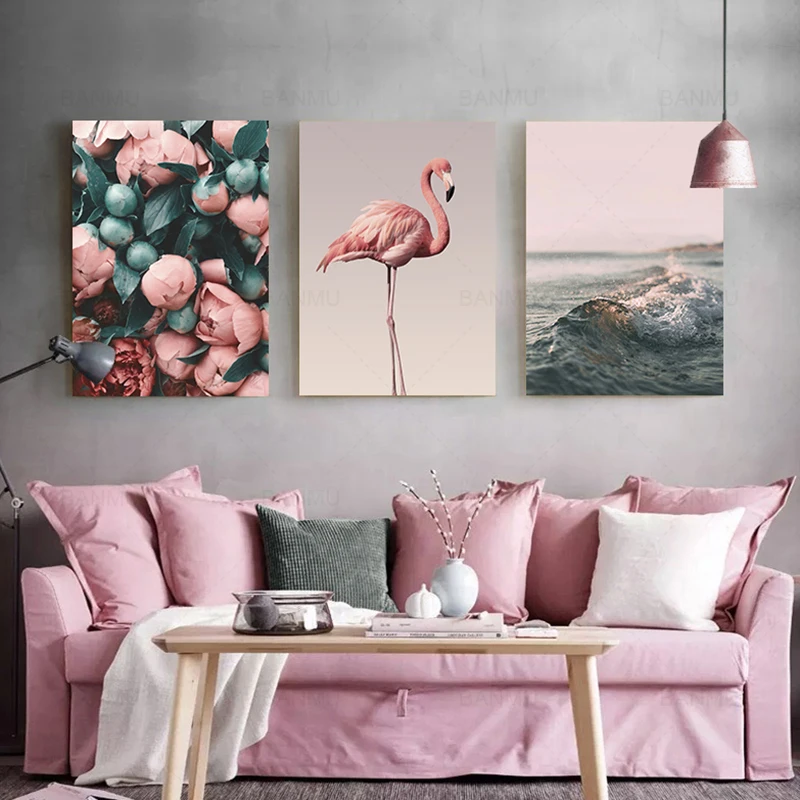 

Nordic Style Canvas Painting Romantic Flamingo Rose Sea Wave Print Painting Modern Wall Art Poster Home Decoration no Frame