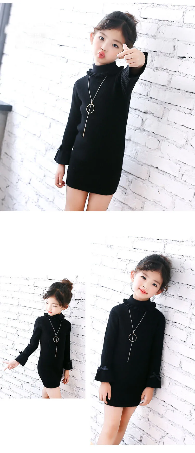high neck knitting girls sweater dress kids clothes long sleeve knitted red black white autumn winter kids sweater knit tops  5 6 7 8 9 10 11 12 13 14 15 16 years little teenage big girls  white girls dresses  (8)
