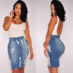 Потертая джинсовая юбка-карандаш синяя джинсовая Женская Сексуальная Повседневная летняя юбка 2019 модная новая рваная облегающая юбка