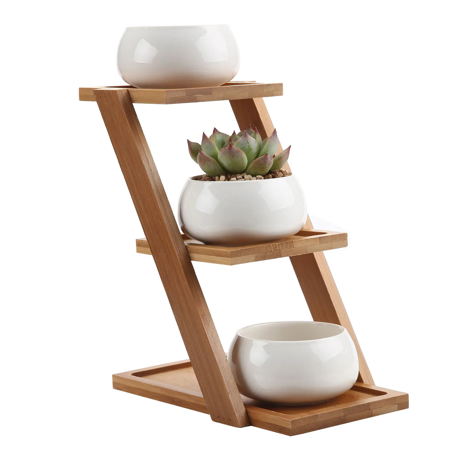 

T4U 1 Set Modern Minimalist Ceramic Flower Pot Succulent Plant Pot 3 Bonsai Planters with 3-Tier Bamboo Shelf Home Garden Decor