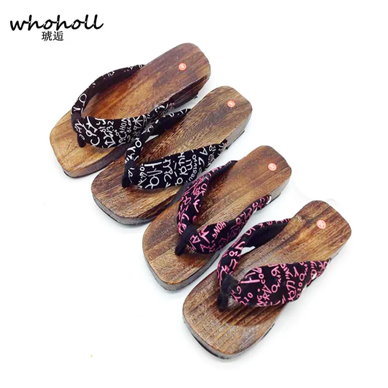 

WHOHOLL Geta Flat Sandals Women Wooden Clogs Slippers Japanese Geta Wooden Sandals Bathroom Antiskid Flip-flops for Female