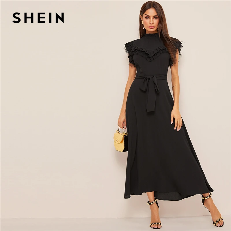 Online SHEIN Layered Rüschen Detail Belted Fit Und Flare Kleid 2019 Stehkragen Ärmellose Schwarze Solide Frauen Frühling Herbst Kleider