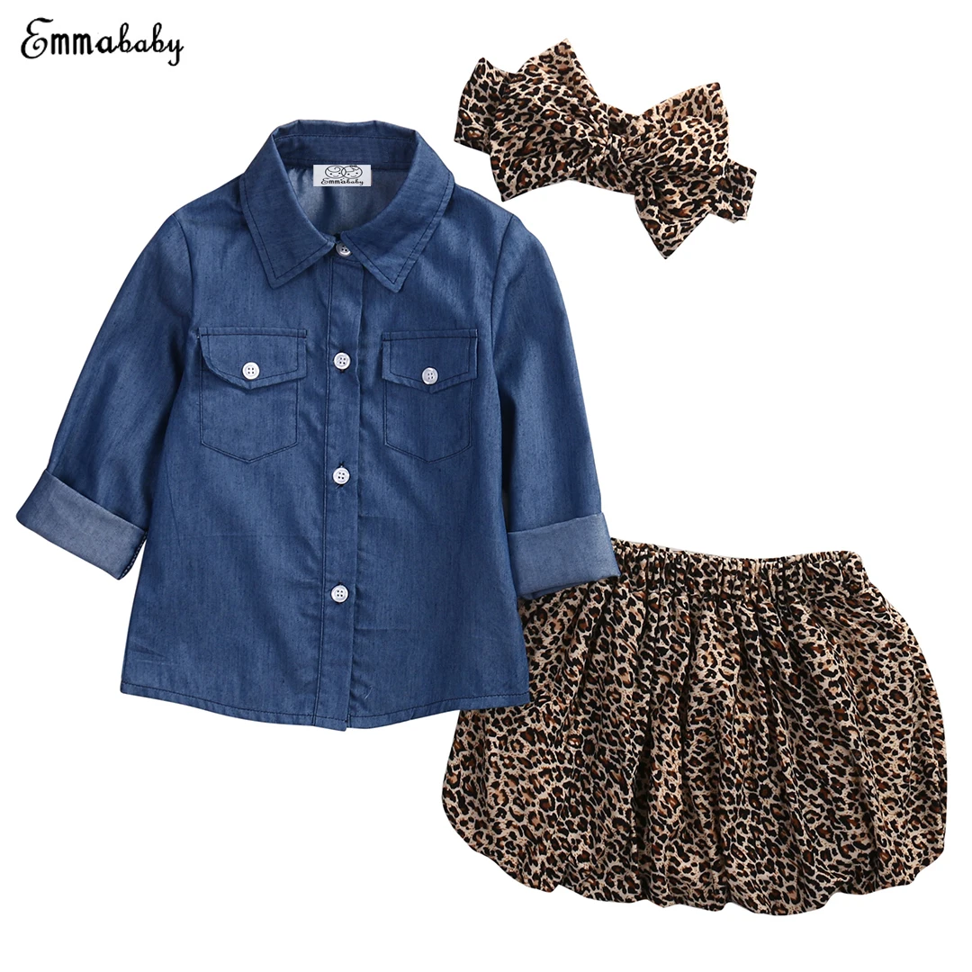 Emmaaby/платье для маленьких девочек из 3 предметов джинсовая рубашка+ леопардовая юбка+ повязка на голову, комплект детской одежды От 6 месяцев до 5 лет