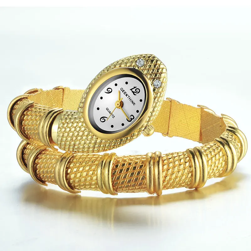 GEEKTHINK, уникальный модный бренд, кварцевые часы, браслет для женщин, Дамская змеиная одежда, часы, браслет, бриллиантовые украшения, роскошное серебро, золото - Цвет: Gold