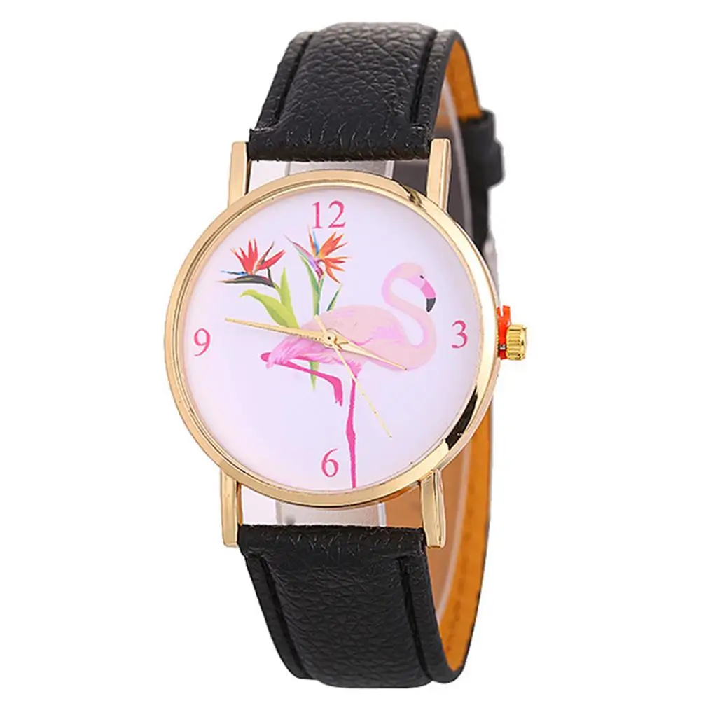

Sanwood Fashion Women Flamingo Faux Leather Strap Arabic Numbers Quartz Wrist Watch