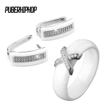 2017 Big Discount Black White Stainless Steel Jewelry Set For Women AAA Bling Cubic Zircon Ring And Earring Set Birthday Gift