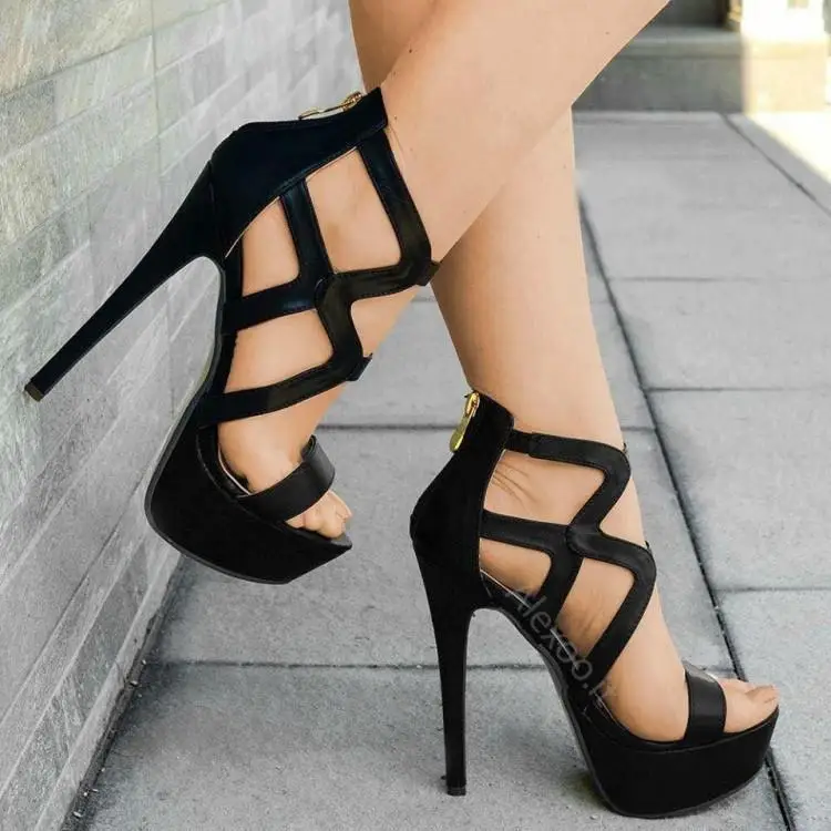 

Solid Black Leather Women Sandals Chic Cut-outs Fretwork Sandalias Mujer Cover Heels Summer Ladies Shoes Gladiators Brand Design
