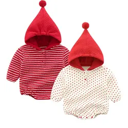 С длинным рукавом для новорожденных с капюшоном в полоску и горошек принцессы вечерние боди для маленьких девочек хлопковый Комбинезоны
