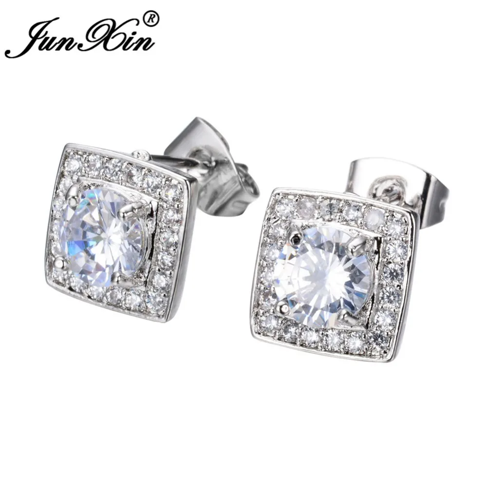 

JUNXIN Luxury Female White Round Stud Earring Fashion 925 Sterling Silver Filled Double Earrings For Women New Year Gifts
