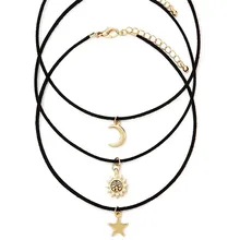 Free shipping 3 Pcs Sets Star Moon Sun Chokers Necklaces black rope Zinc alloy short necklace Woman Fashion Jewelry ladygift