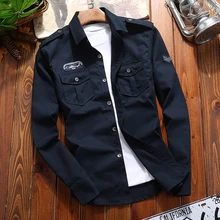 Осенняя мужская рубашка с двойным карманом в стиле милитари, мужские рубашки с длинным рукавом, высококачественные рубашки для мужчин