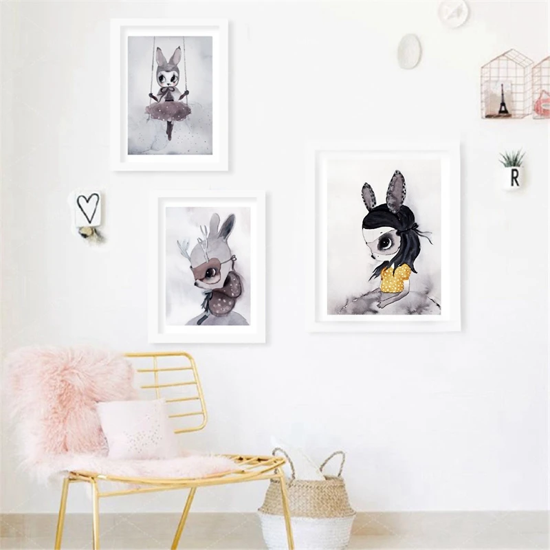 

Poster Prints Nordic Decoration Nursery Girl Wall Art Canvas Painting Cute Cartoon Rabbit Print Wall Pictures Kids Girl's Room