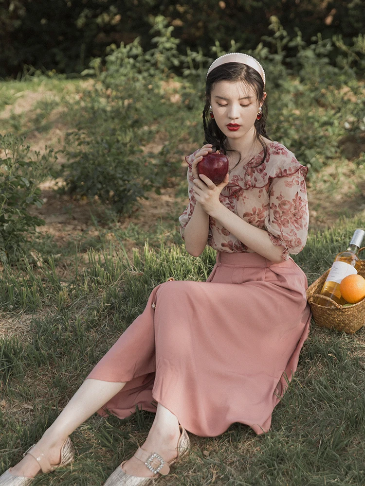 Модный женский комплект из двух предметов, летняя шифоновая рубашка в винтажном стиле+ юбка, костюм из трех предметов во французском стиле