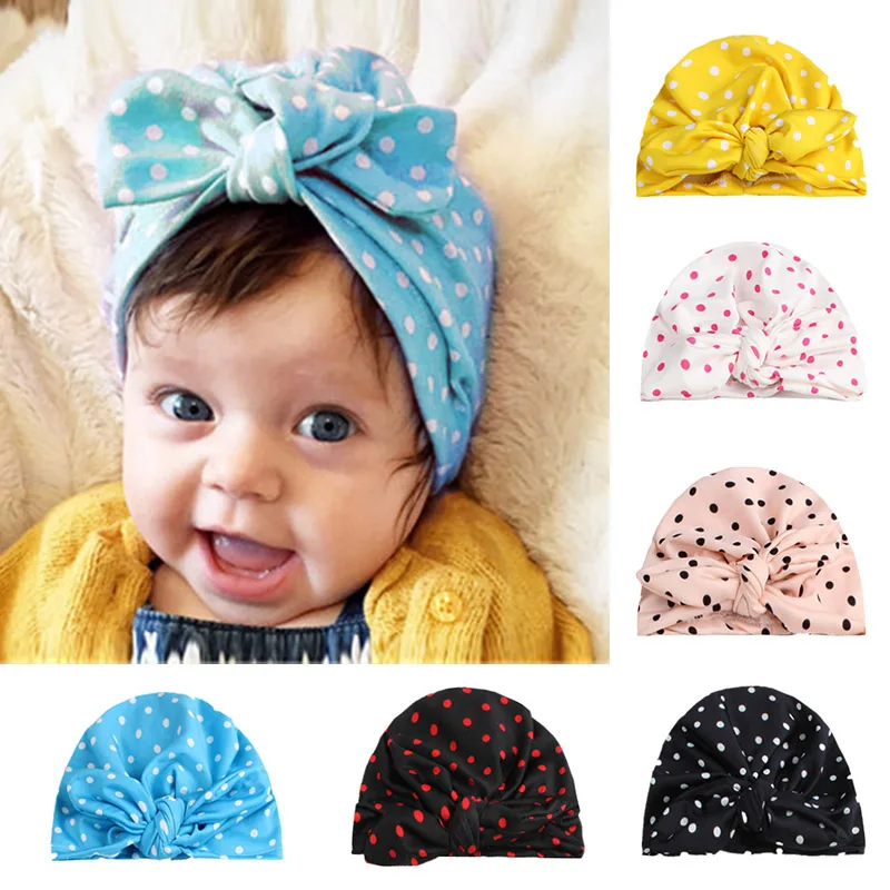 

Hot Dot Prints Baby Elastic Beanies Bowknot Rabbit Ear Soft Caps For Girls Lovely Newborn Baby Spring Summer Hats