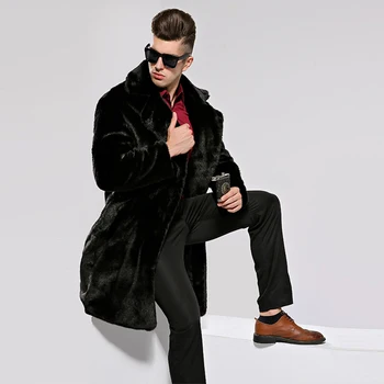 

HONGZUO 2017 Winter Thick Warm Men Fur Coat Turn-down Collar Luxury Mink Fur Coat Black Artificial Fur Long Jacket Parka PC259