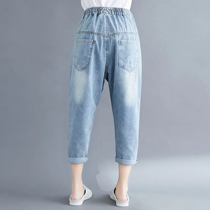 Новое поступление, женские джинсы размера плюс с мультяшной вышивкой, модная летняя уличная одежда, свободные джинсовые Капри, женские брюки, 3XL 4XL