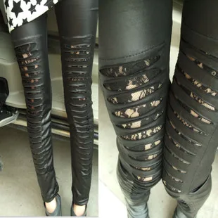 

Fashion leather pants punk hallout out leather leggings brand new lace pant sexy gothic trousers