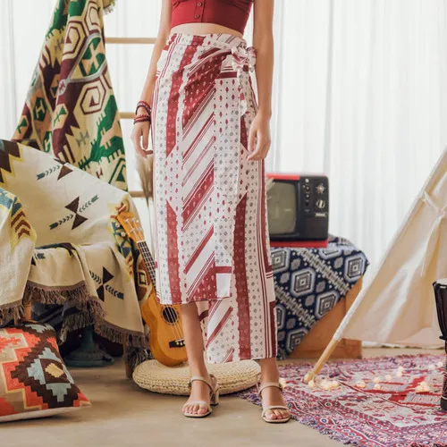 Indie Folk Print Chiffon Long Skirt Vintage Summer WomenSkirts Vacation Beach Asymmetric Hem