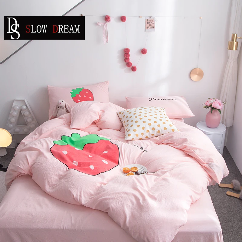 

SLOWDREAM Cute Strawberry Cartoon Bedding Set Pink Cover Set Flat Sheet Pillowcase Decor Bed Set Double Queen King Home Textiles