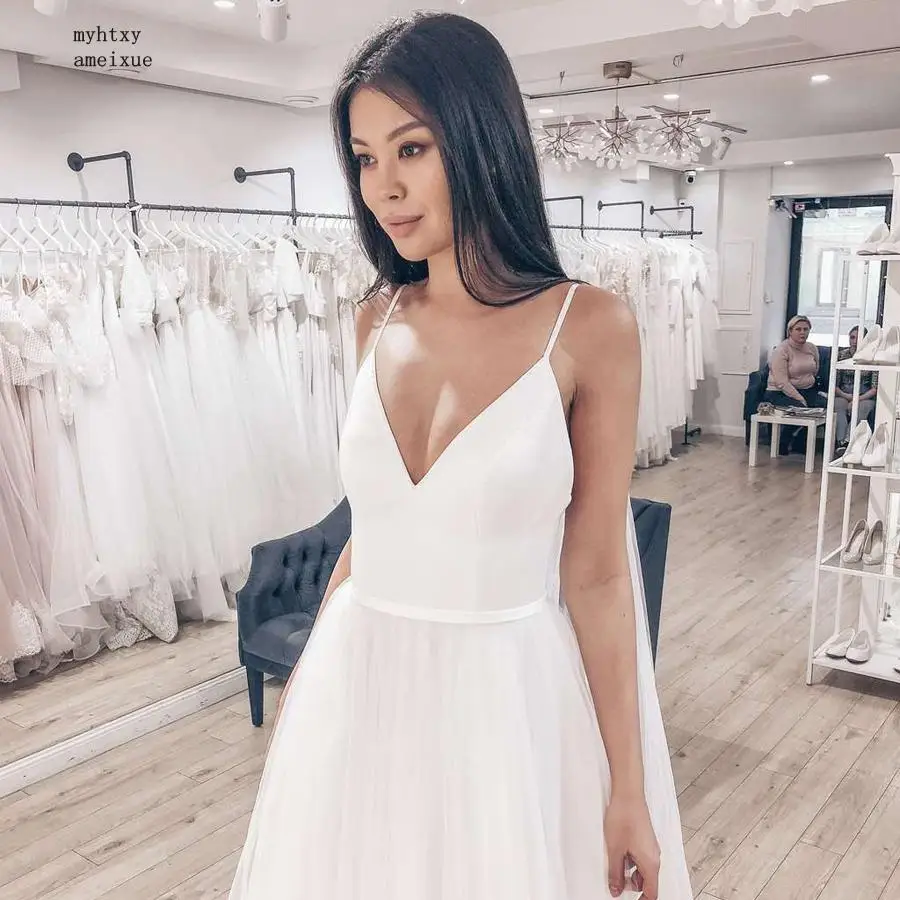 Sexy Spaghetti Straps Tulle Skirt Top Satin Vestido De Novia Sleeveless V-neck Boho Backless Wedding Dress Bride Dress