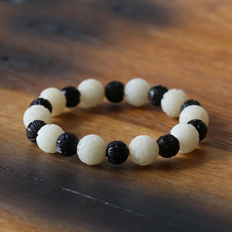 White-Bodhi-Seed-Carved-Lucky-Cloud-&-Black-Wood-Lotus--Prayer-Beads-Stretch-Bracelet-Unique-Handmade-Artisan-Gift-Reikinn-BSL003(2)