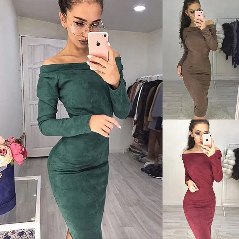 

NEW Suede Long Sleeve Off Shoulder Women Dress 2019 Spring Autumn Female Robe Sexy Club Party Bodycon Dresses