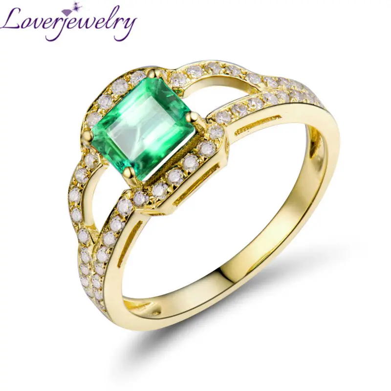 

LOVERJEWELRY Amazing Ring Solid 18kt Yellow Gold Natural Diamonds Emerald Cut Emerald Engagement Ring Women Fine Jewelry