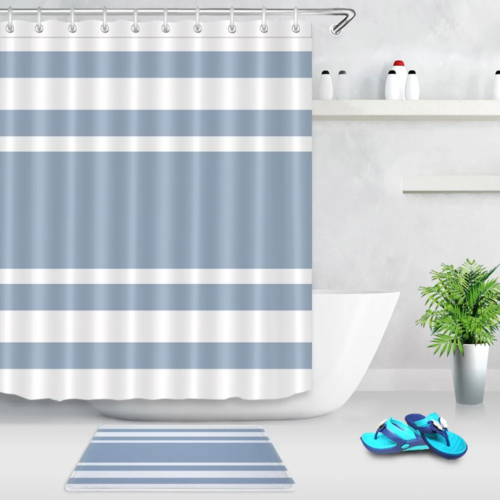 

Modern minimalist Grey Blue white stripes Shower Curtain and 12 Hooks Sets Kids Bathroom mat Waterproof Polyester Cloth Fabric