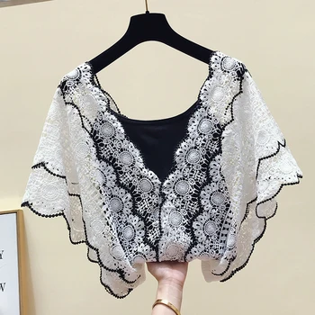 

V-neck Blouse for Women Summer Twopiece Girls Lady Hollow-out Short-sleeve Lace Shirt Women Holiday Seaside Beach Shirts Coat