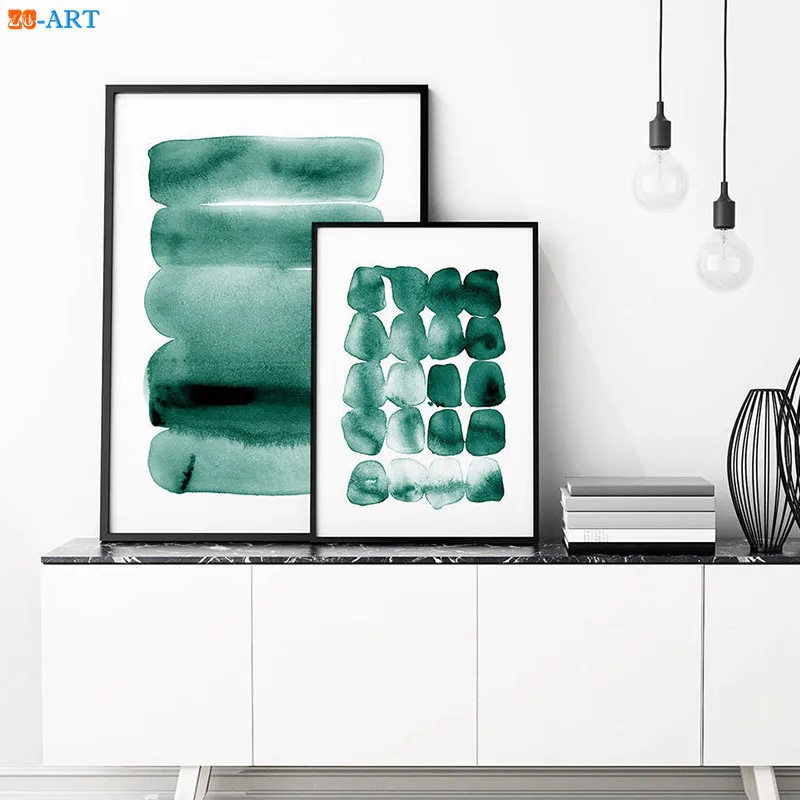 

Modern Abstract Watercolour Print Teal Green Decor Brush Strokes Ink Wall Art Nordic Canvas Painting Bedroom Home Decor Framed